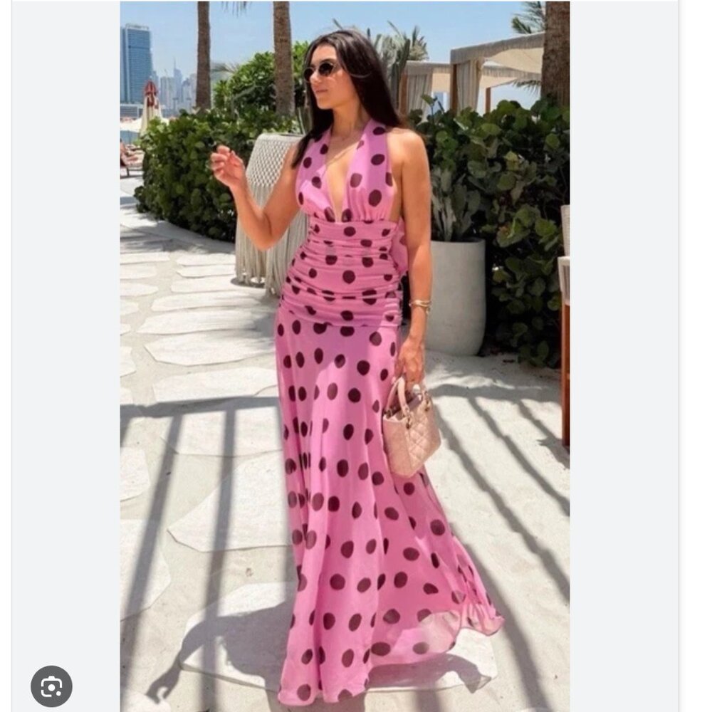 ZARA NEW WOMAN POLKA DOT MAXI DRESS PINK BROWN 3674/351 XS L NWT